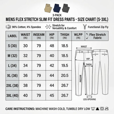 3-Pack Mens Flex Stretch Slim Fit Dress Pants